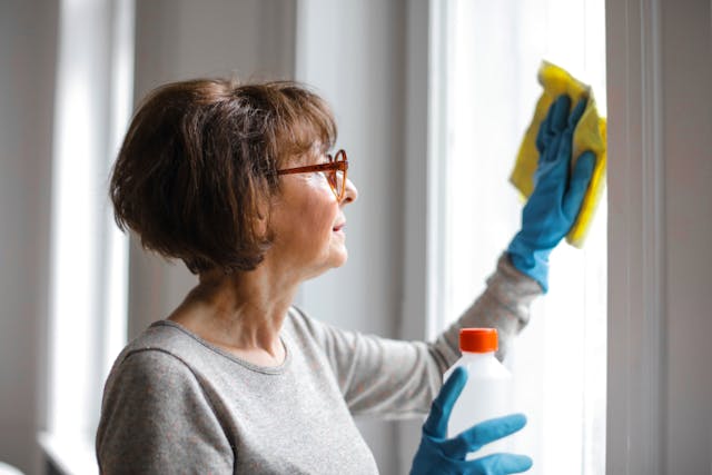 A lady cleaning glass door